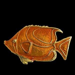 Tropical Fish Pin Brooch Gold Tone Orange Enamel Elegant Vintage Jewelry 2"